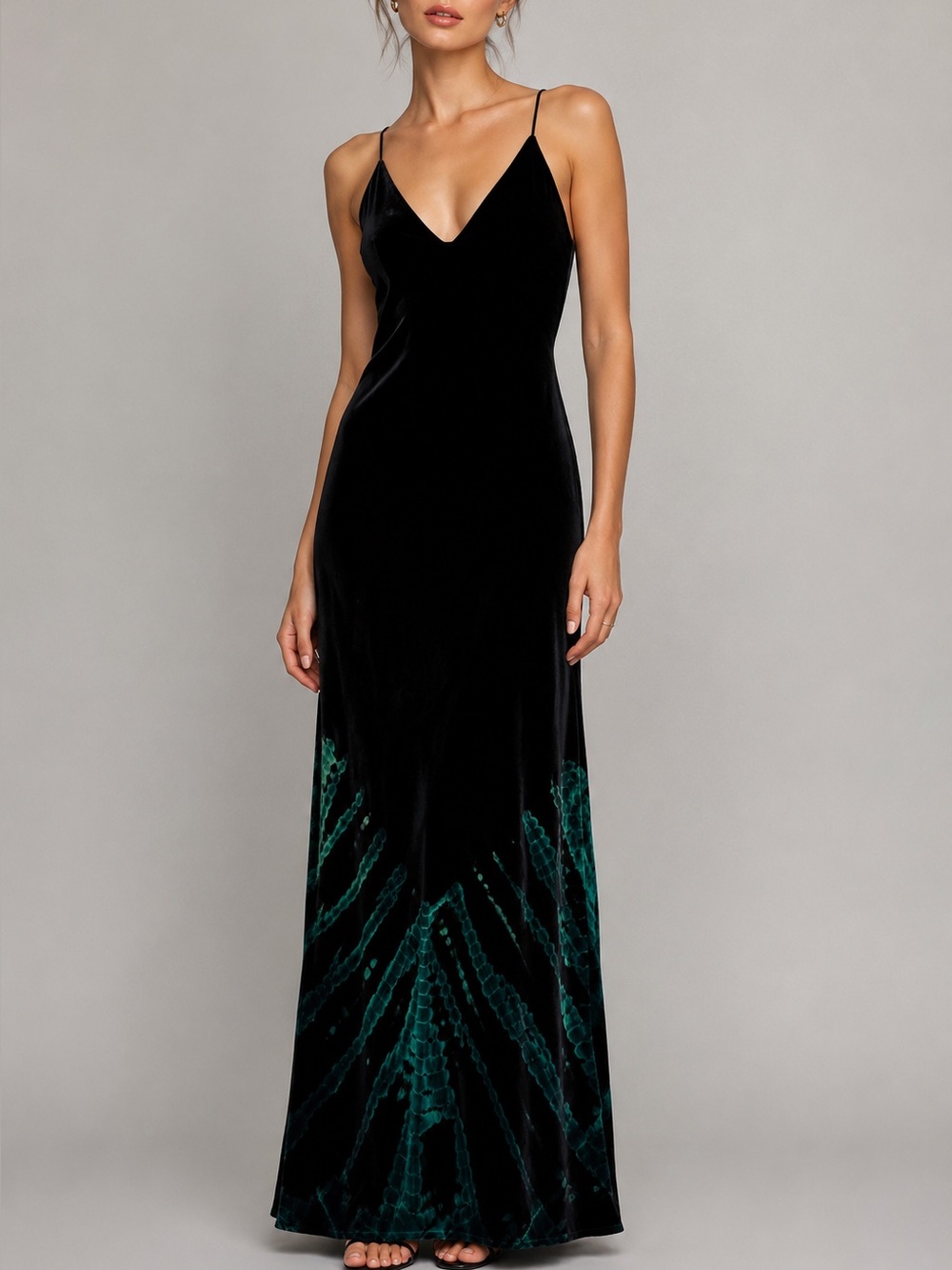 YFB Velvet Maxi Dress Size M Black Teal Size Slit Effortless Boho Chic Silk